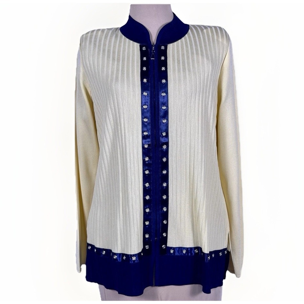 Vtg 90s Exclusively Misook Ribbed‎ Knit Zip Jacket Yellow Navy Mandarin Collar M
